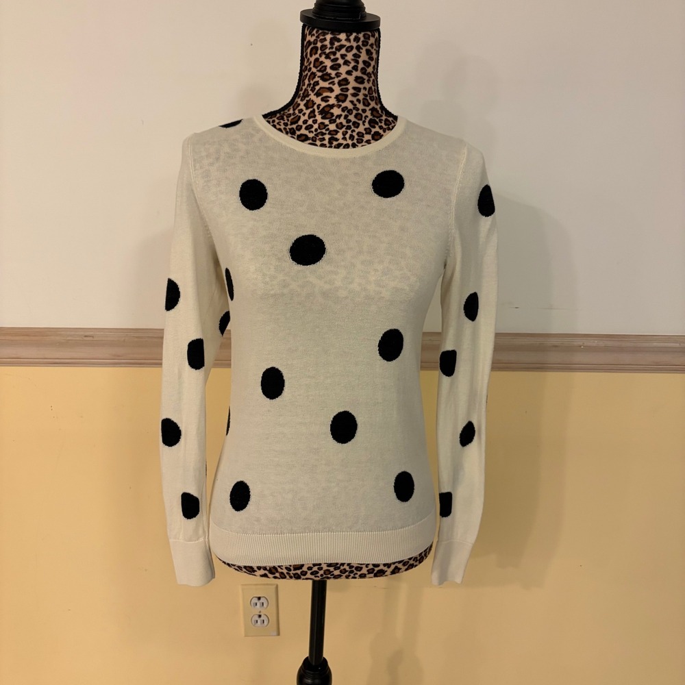 Ann Taylor Polka Dot Sweater Women XS Winter White Black Metallic‎ Crewneck Knit